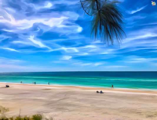 Transform your space with this tranquil, serene beach vista. This impressionistic coastal scene features turquoise waters and scattered figures on sugar sands, giving the impression of tranquility, untouched beauty, and the kind of beach day inviting relaxation and contemplation. The art style, with its smooth textures and softened edges, enhances the dreamlike quality of the scenery.