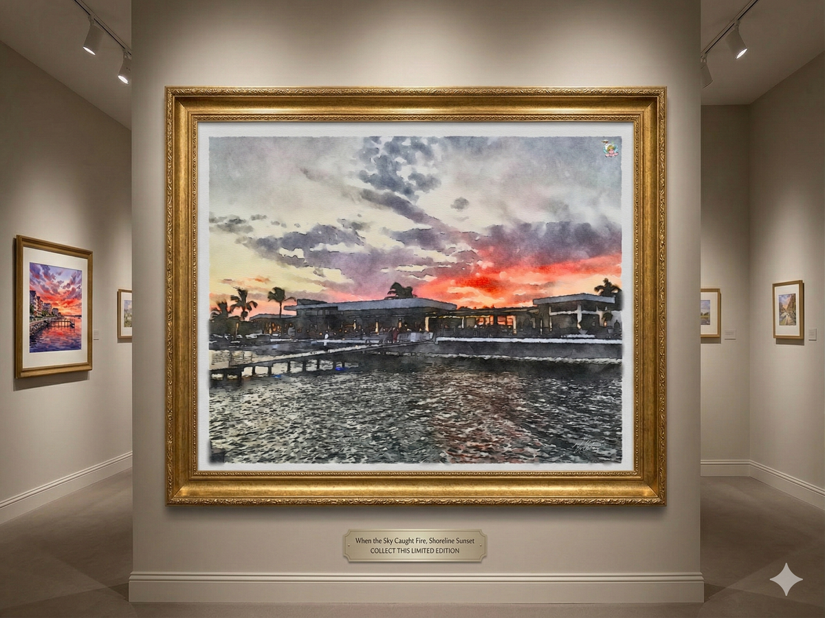 When the Sky Caught Fire, a red and violet sunset over the shoreline, palms and dock at Longboat Key, watercolor by Lynn Tran