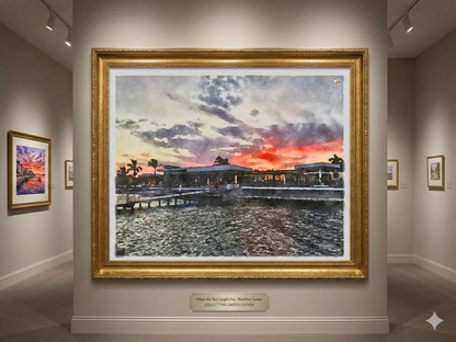 When the Sky Caught Fire, a red and violet sunset over the shoreline, palms and dock at Longboat Key, watercolor by Lynn Tran
