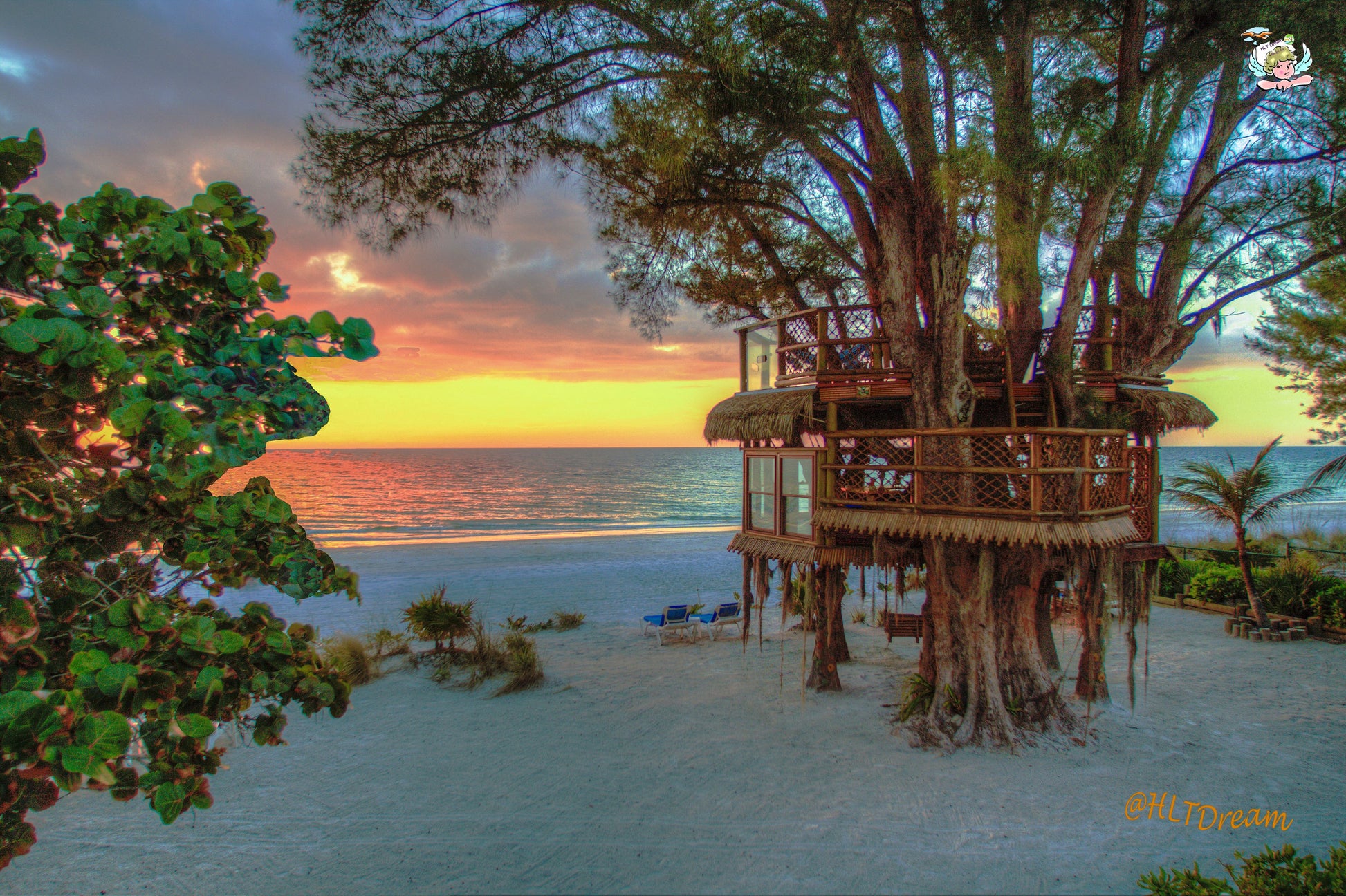 "Sunset at Beach Treehouse" – a captivating digital artwork capturing a serene beachside sunset. This enchanting piece features a charming treehouse nestled among lush foliage, overlooking the tranquil ocean at sunset, painting the sky in vibrant tropical hues