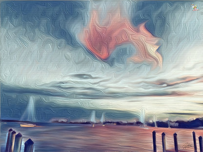 Swirling Dusk, A Coastal Dream, a swirling sky with one pink cloud over sailboats and old pilings at dusk, by Lynn Tran