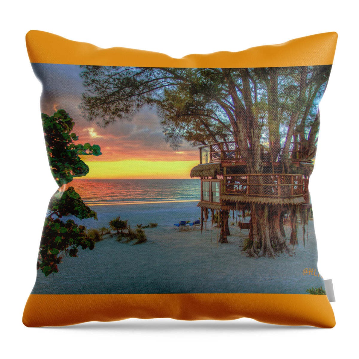 Sunset at Beach Treehouse - Throw Pillow