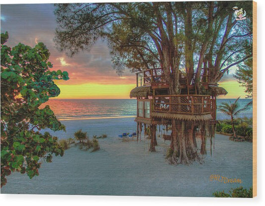 Sunset at Beach Treehouse - Wood Print